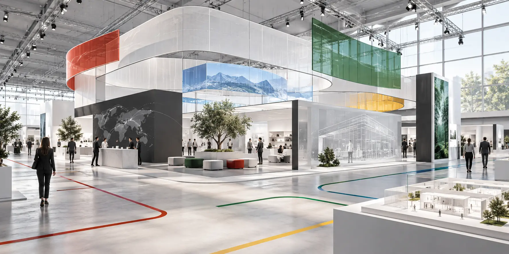 Conceptual exhibition environment connecting pavilion design, visitor routes, technical planning, operations and digital information