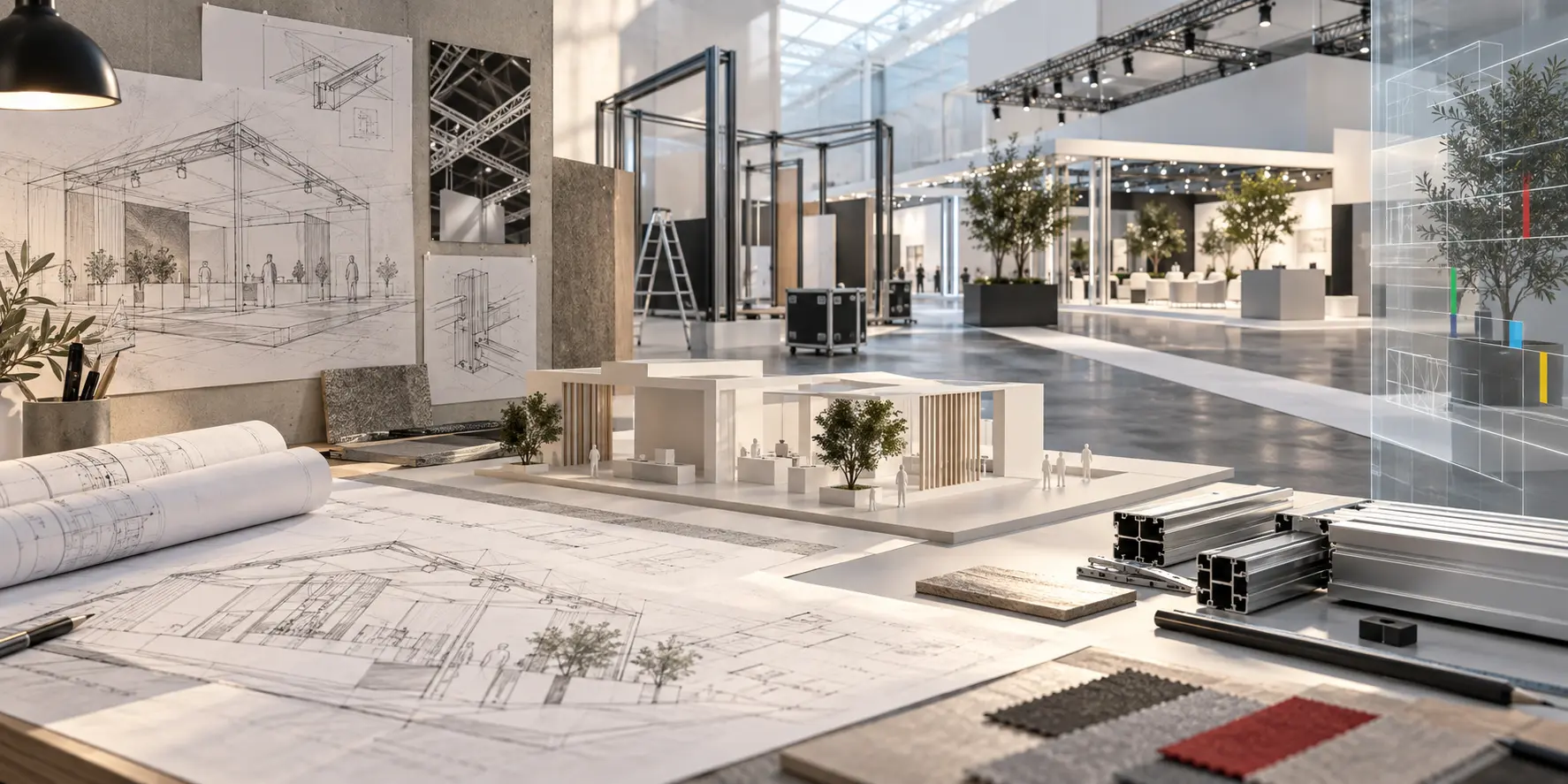 Exhibition knowledge progressing from plans and models through modular delivery to a contemporary live environment and digital coordination