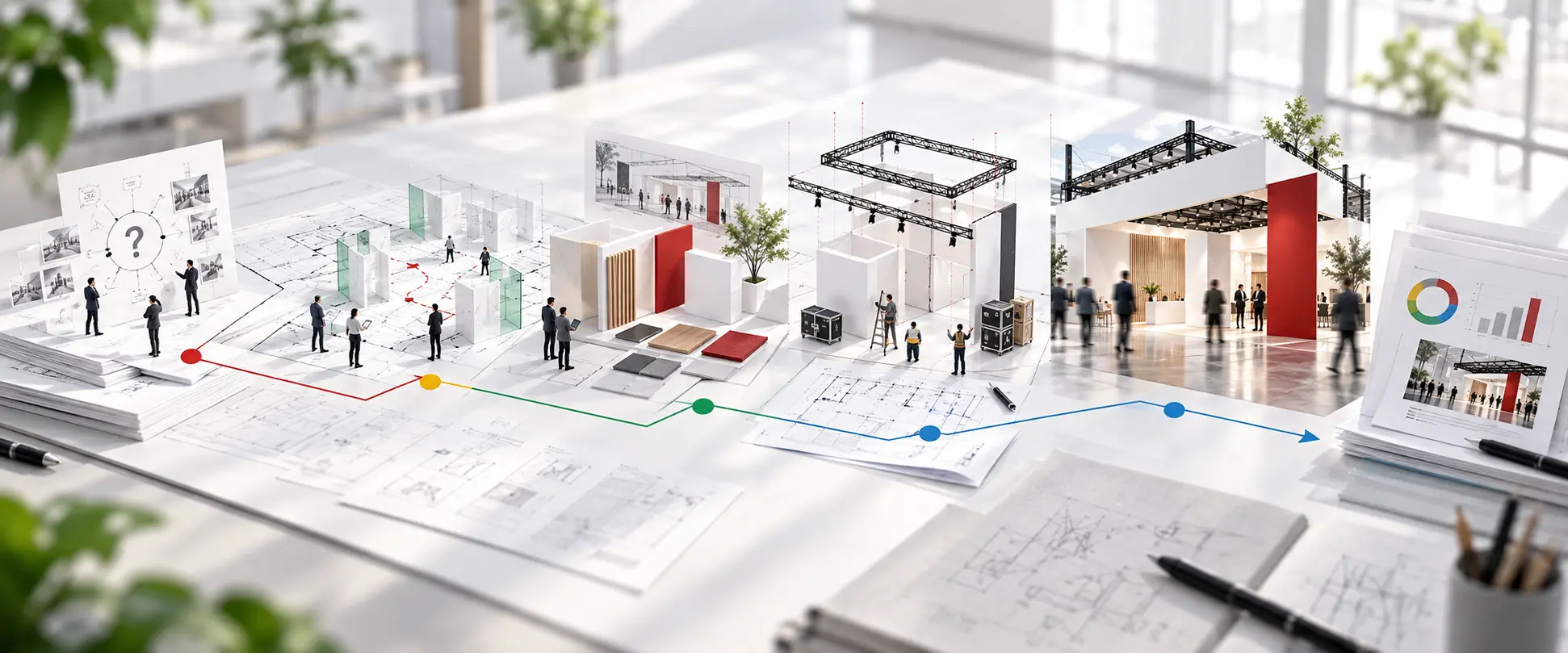 Conceptual exhibition assignment progressing from the initial question through planning, design, technical coordination and live delivery to reporting and improvement