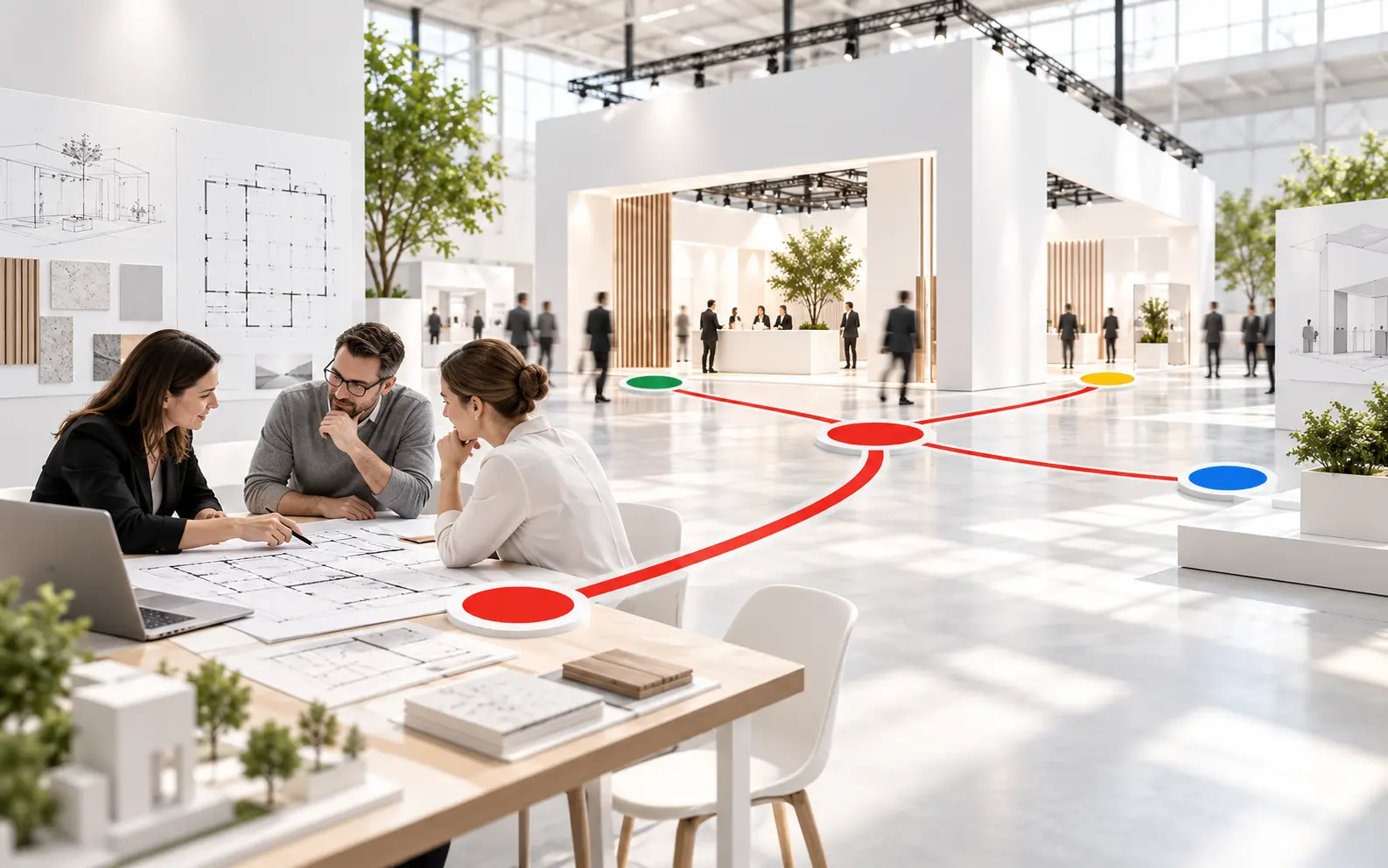 Conceptual exhibition planning environment connected by a clear route to a central professional meeting point