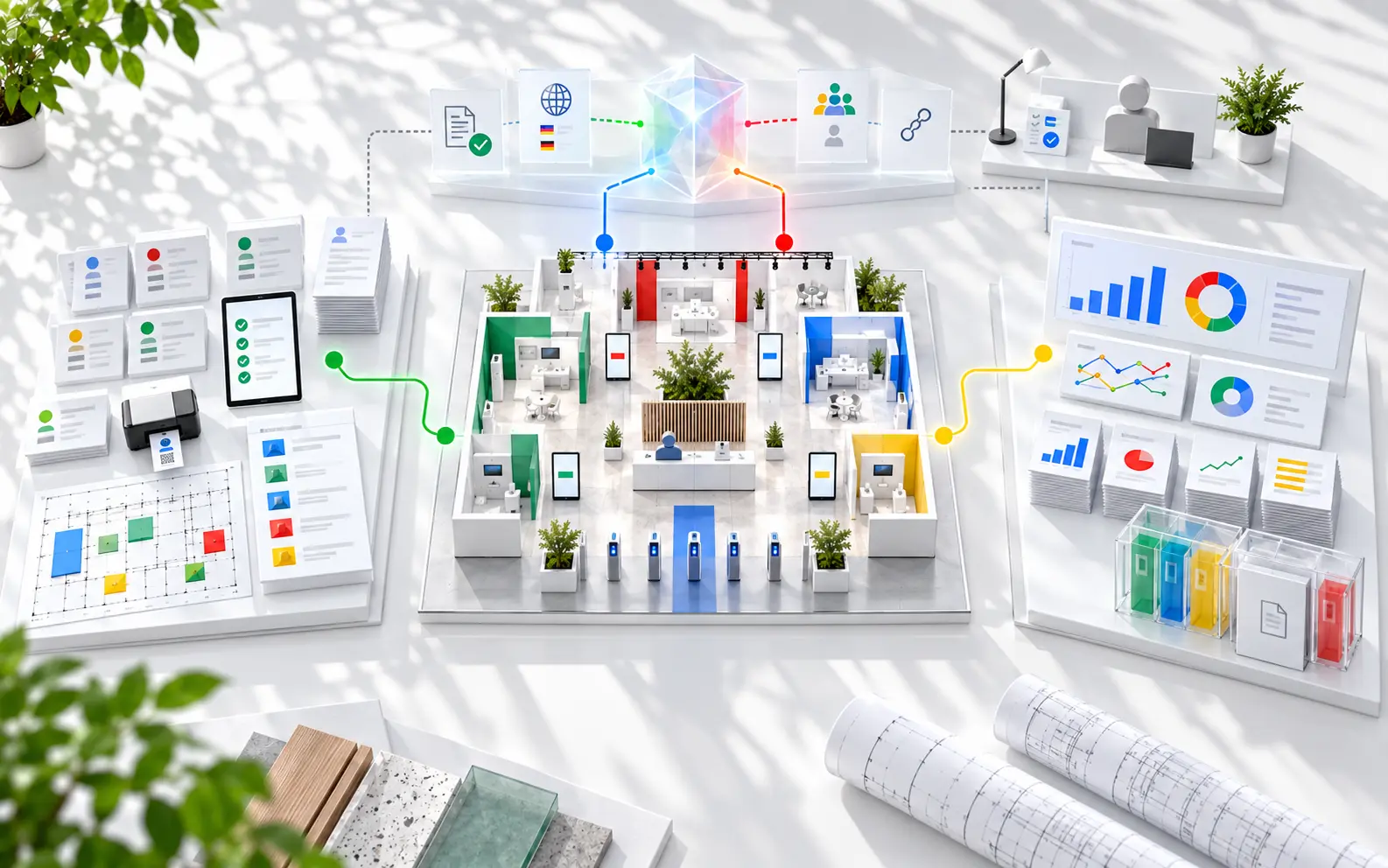 Conceptual connected exhibition system linking registration and floor planning with live event operations, AI assistance, reporting and reusable data