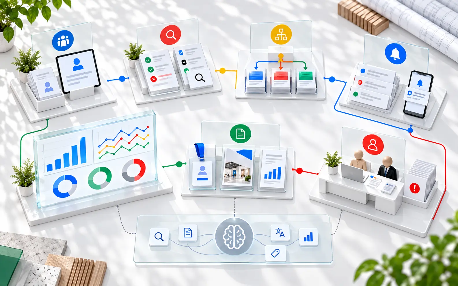 Conceptual exhibition automation workflow showing data intake, validation, routing, notifications, output generation, analytics, AI assistance and human review