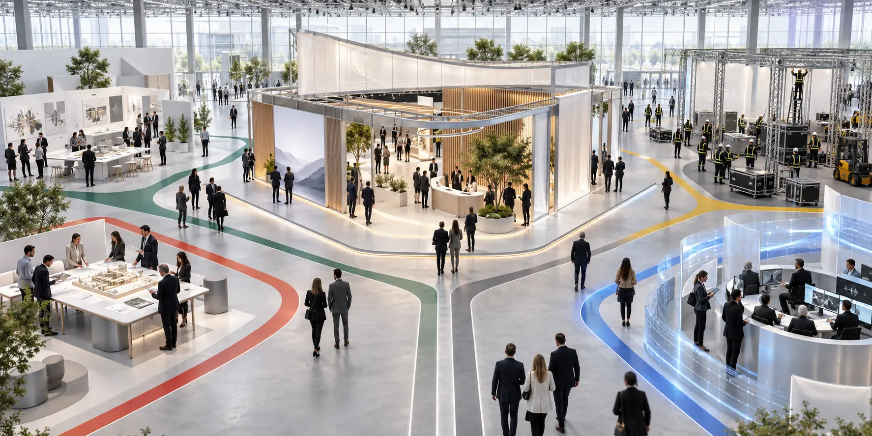 Conceptual exhibition environment connecting planning, pavilion design, technical delivery, live operations and digital systems
