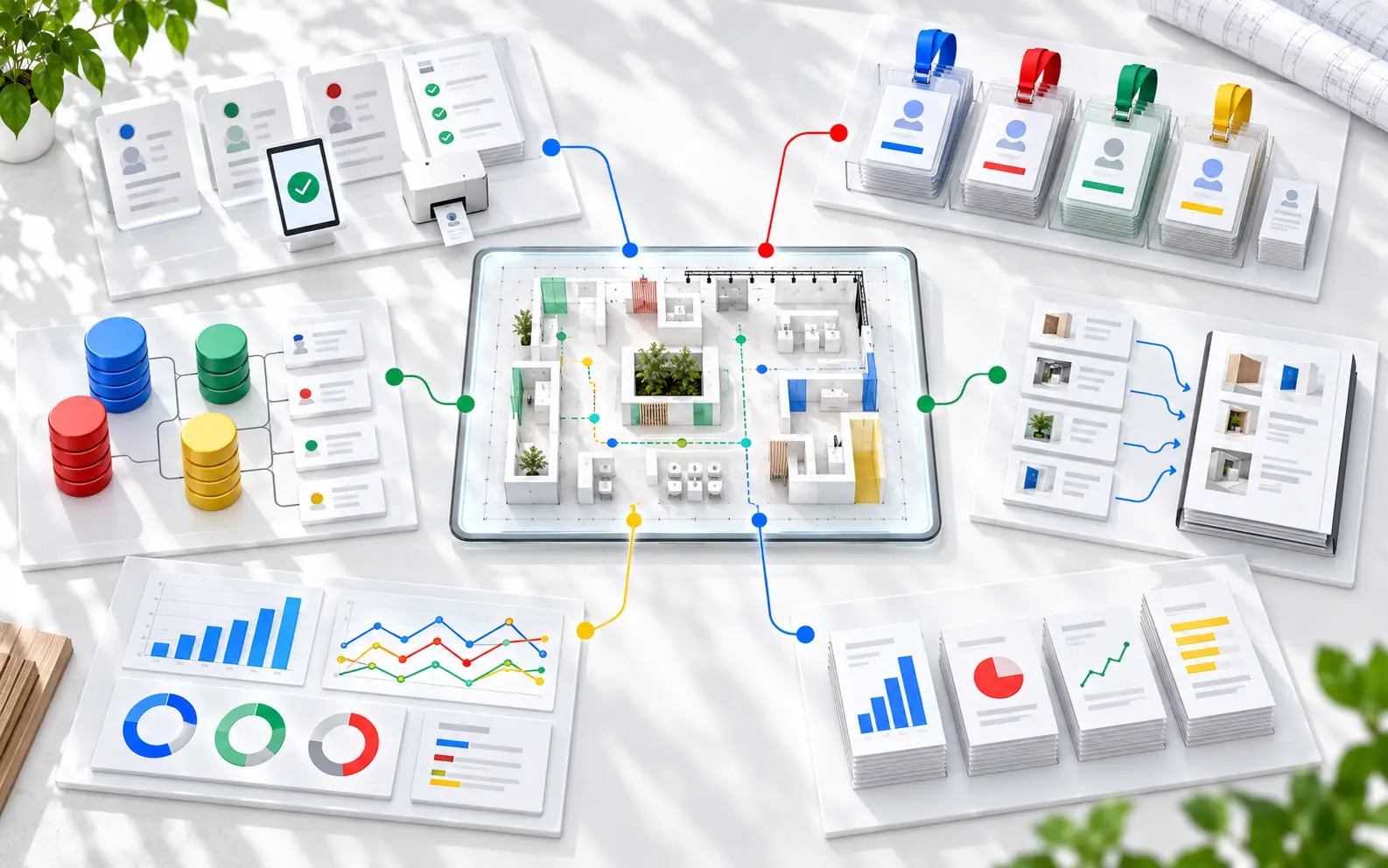 Conceptual digital exhibition service system with a large floor plan, registration records, exhibitor badges, databases, catalogue information and prominent reports