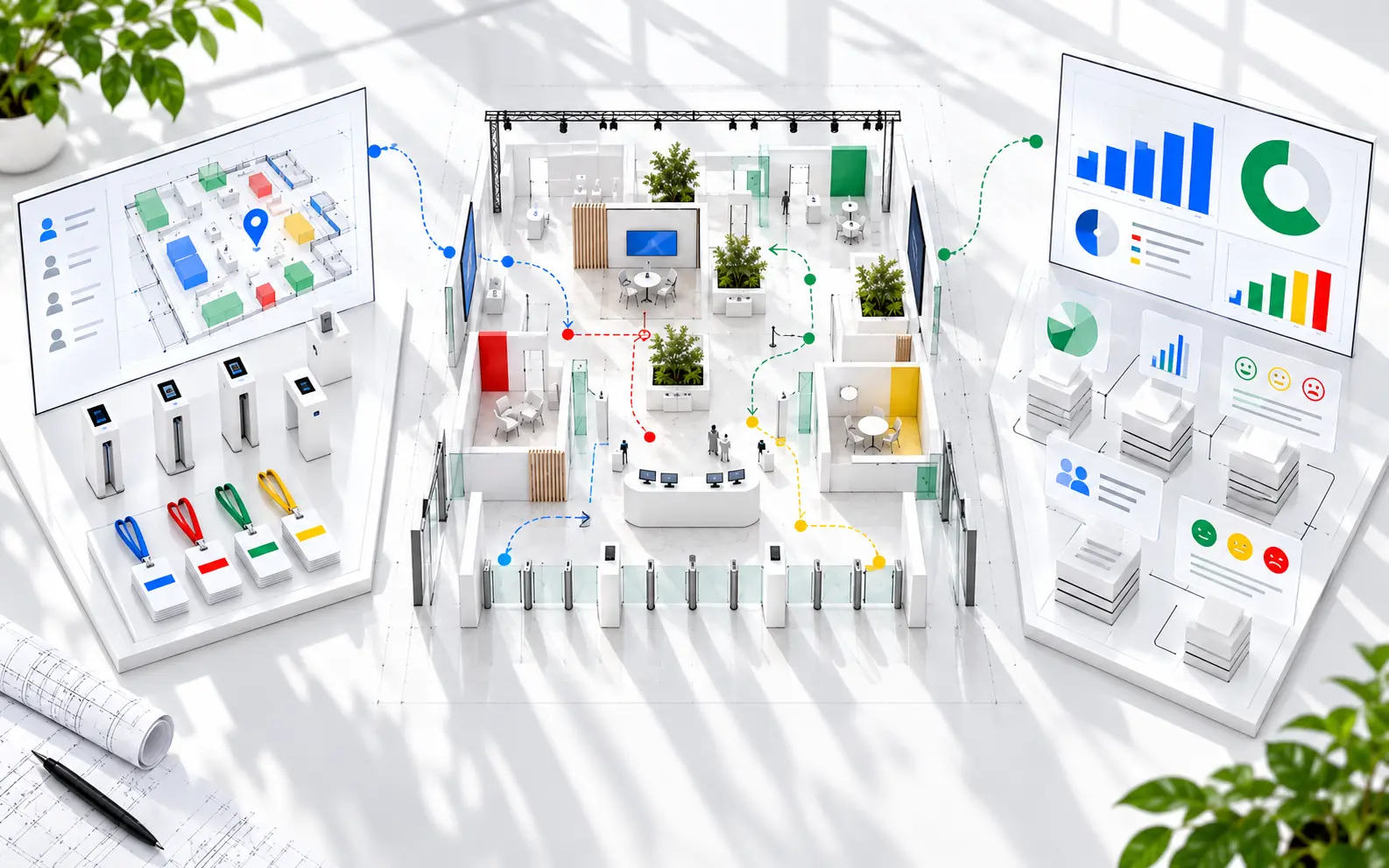 Conceptual exhibition operations view connecting a digital floor plan, registration and badges with live operations and large reporting dashboards