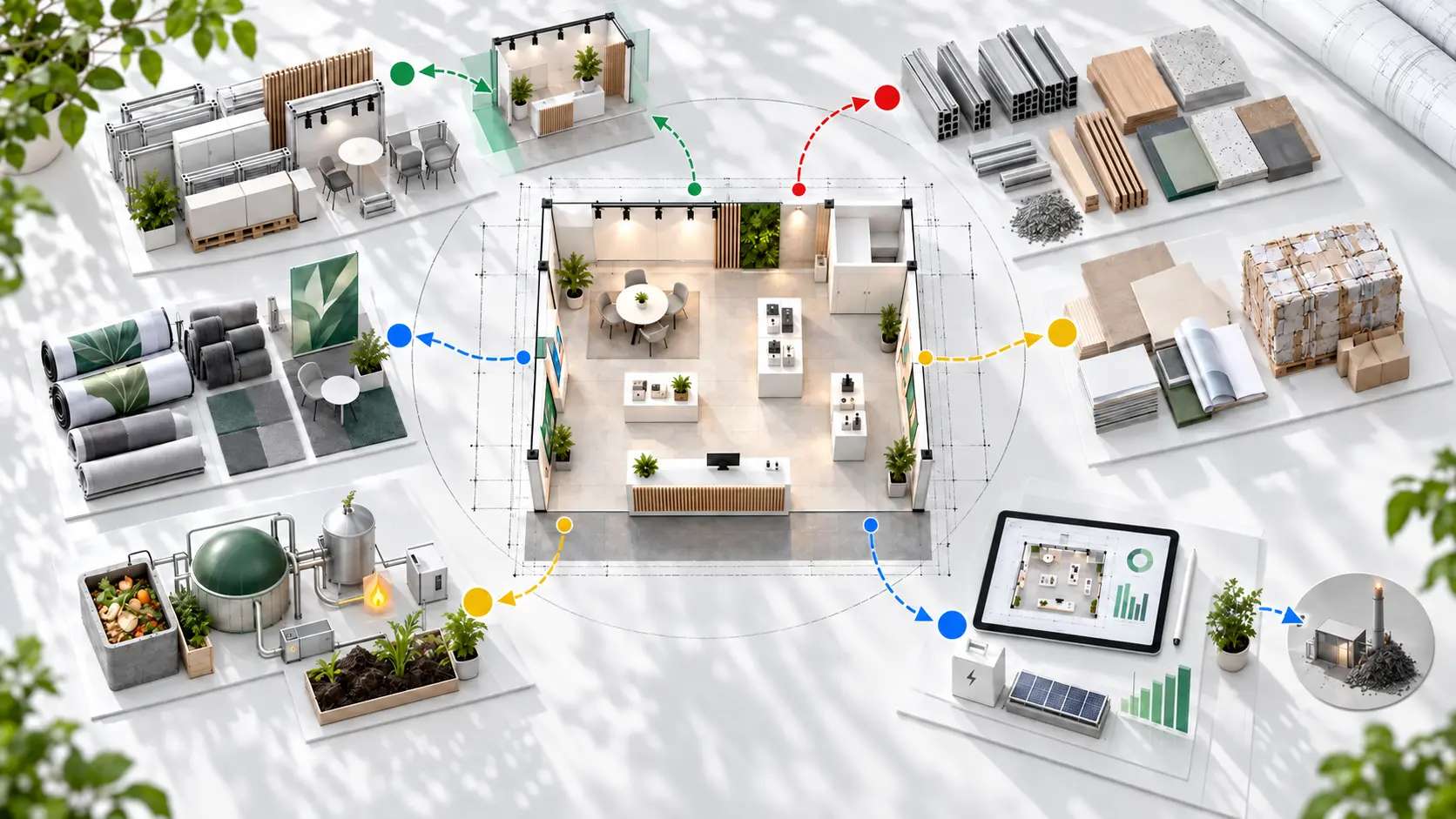 Top-down conceptual ecosystem with directional routes moving outward from a medium exhibition stand toward future stand use, secondary materials, recycled paper, textile take-back, organics treatment, measured data and a small residual energy-recovery stream