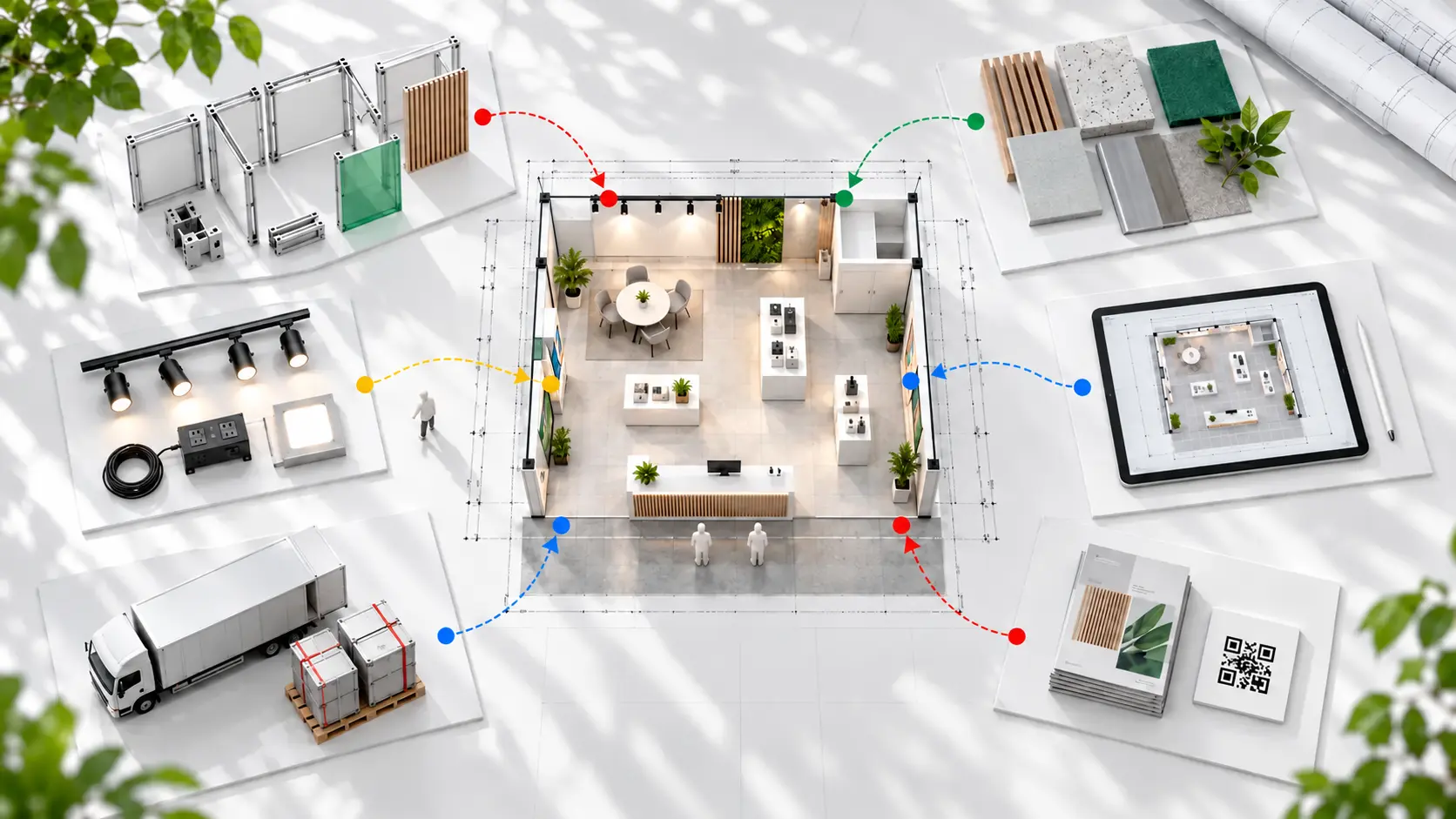 Top-down conceptual system view with directional routes moving from modular components, materials, efficient lighting, digital planning, consolidated logistics and reduced print into a medium exhibition stand