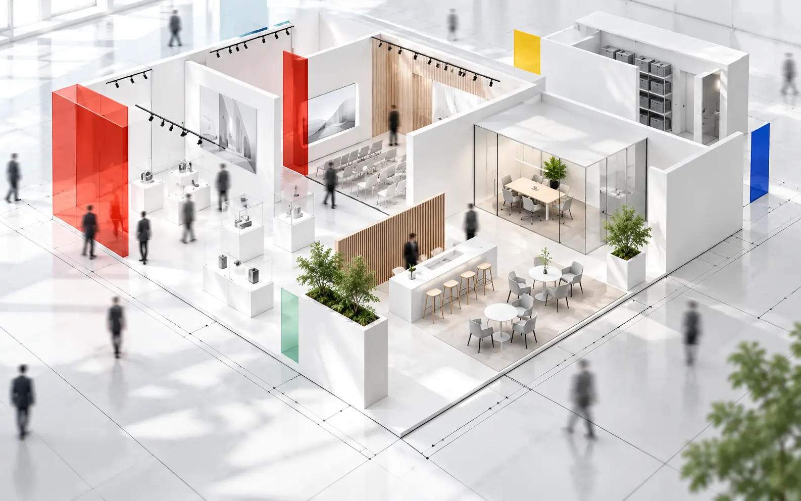 Conceptual white exhibition stand showing product, presentation, meeting and hospitality zones