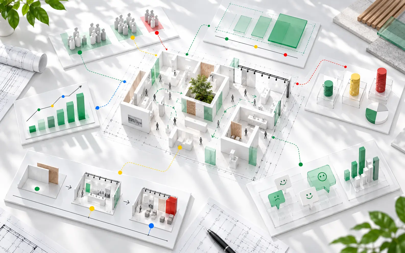 Conceptual strategy framework connecting audiences, spatial options, budget, timelines and feedback around an exhibition plan