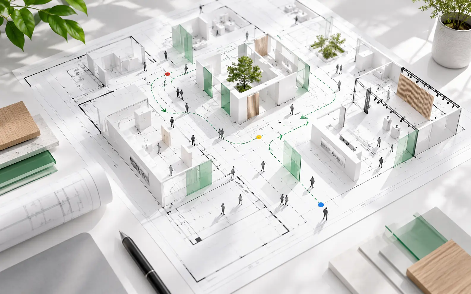 Conceptual exhibition planning model with floor plans and visitor-flow routes