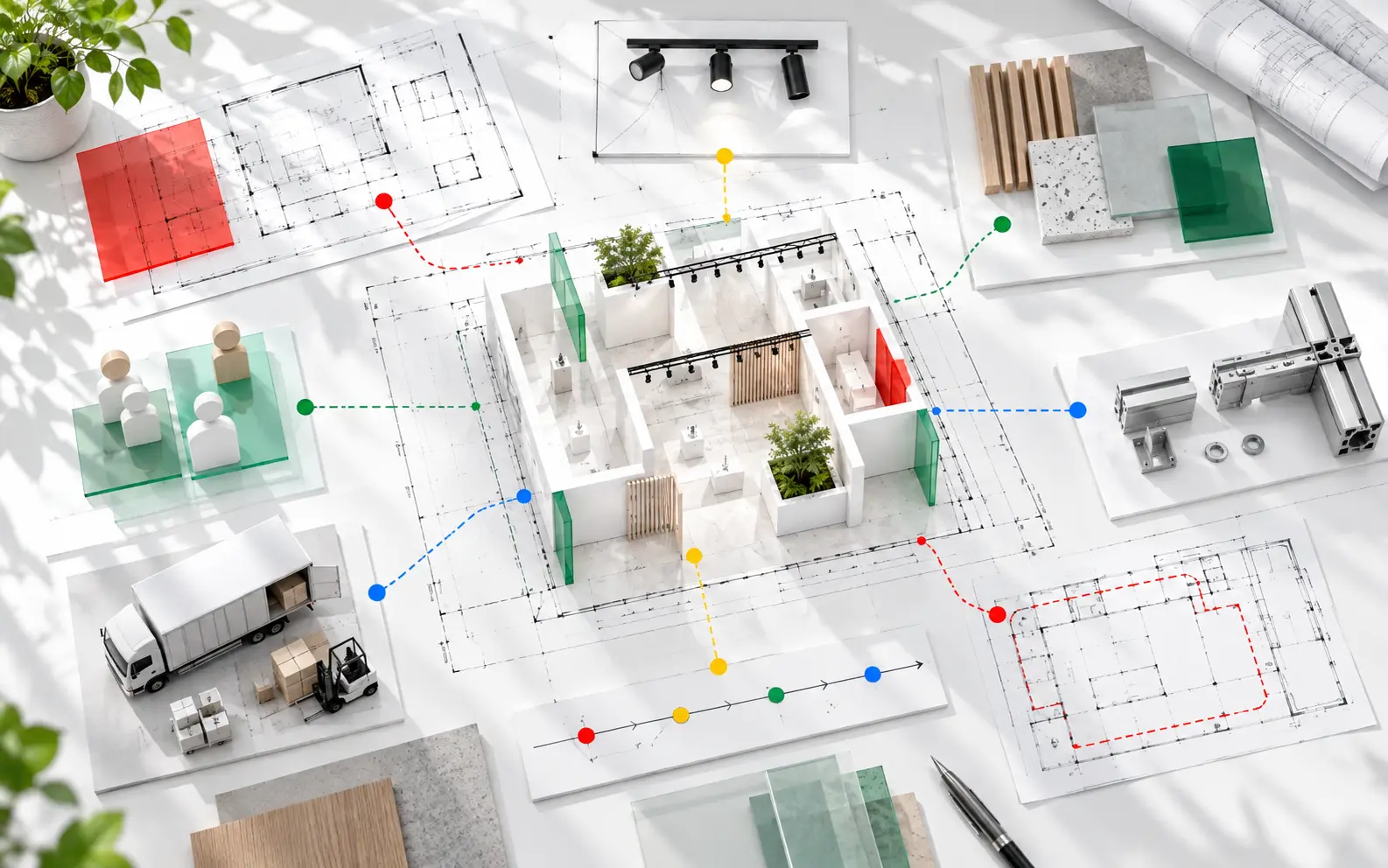 Conceptual coordination view connecting an exhibition model with plans, materials, lighting, modular components, logistics and timing