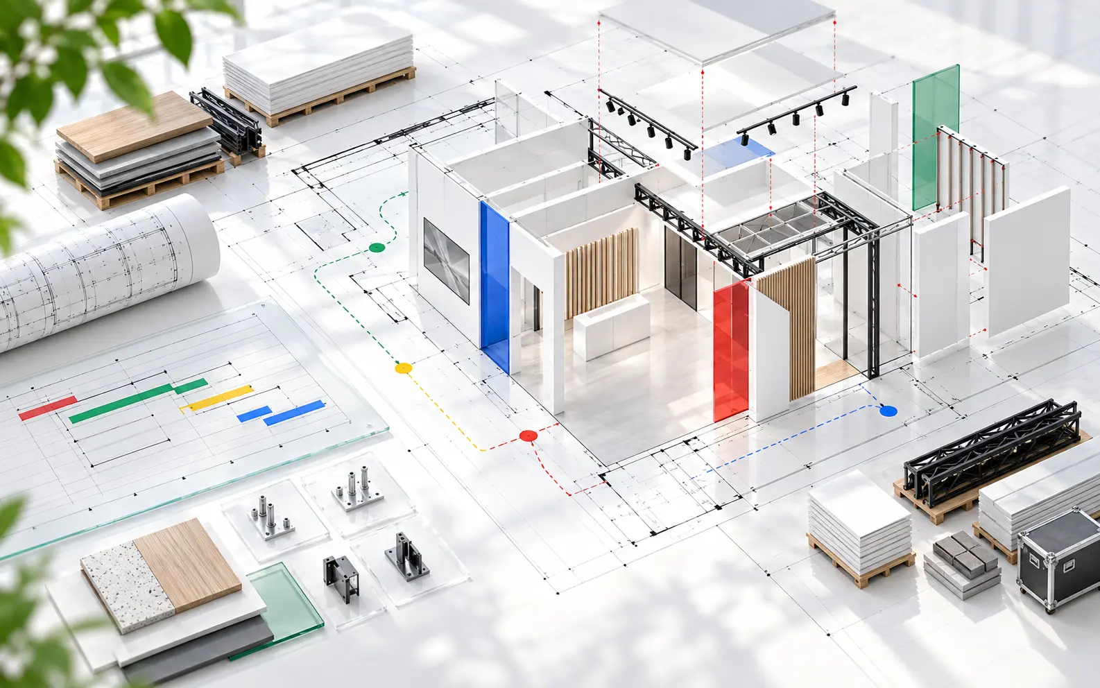 Conceptual exhibition structure transitioning from technical plans into coordinated modular components